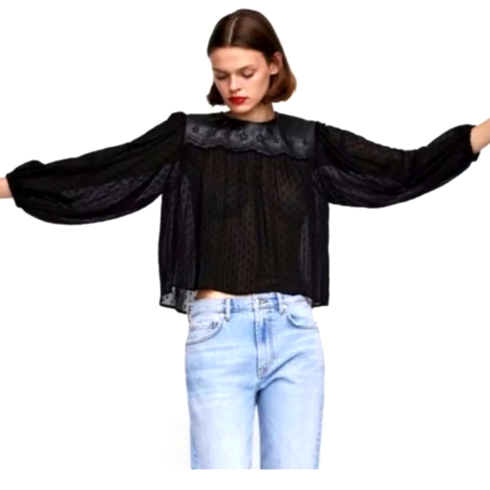 VictorianTrapeze Blouse swiss dot detail‎ By Zara. Goth Whimsy Dark Romantic